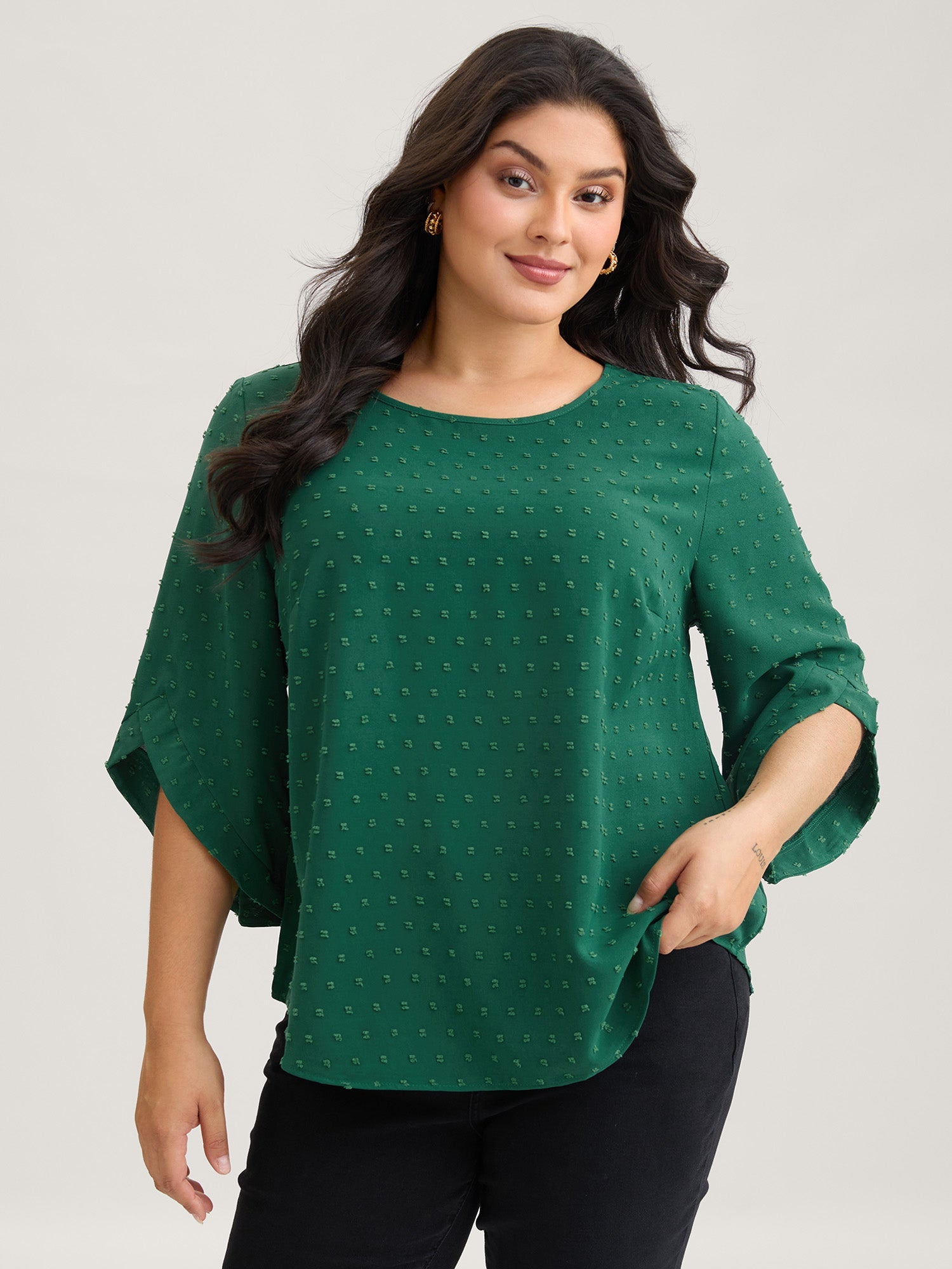 Textured Round Neck Bell Sleeve Blouse