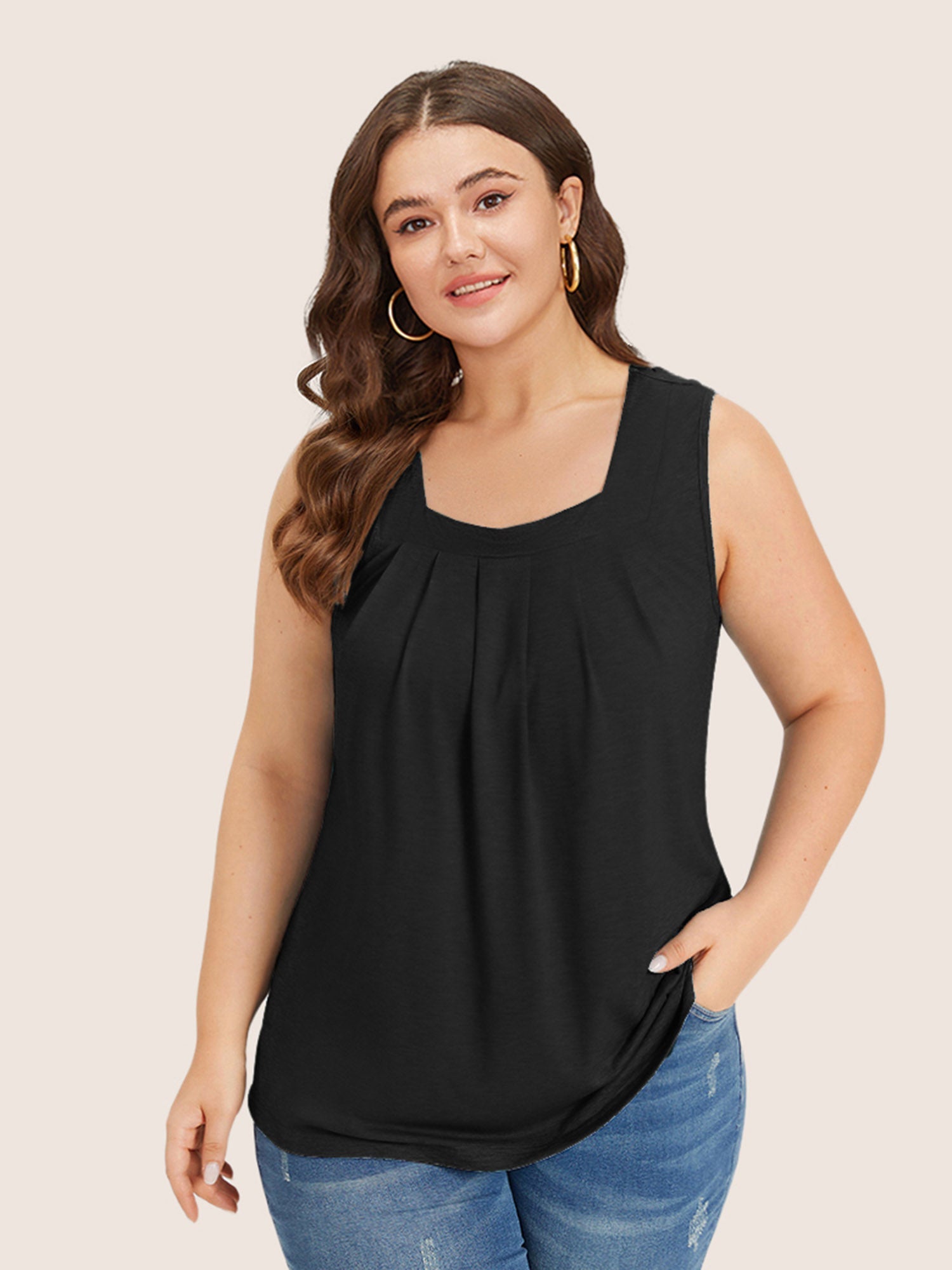 Heather Plicated Detail Square Neck Tank Top