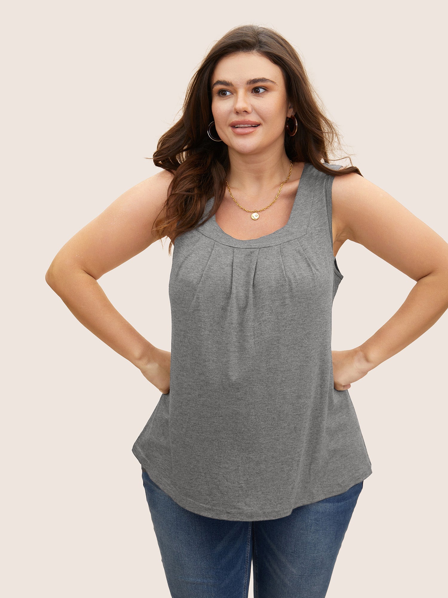Heather Plicated Detail Square Neck Tank Top