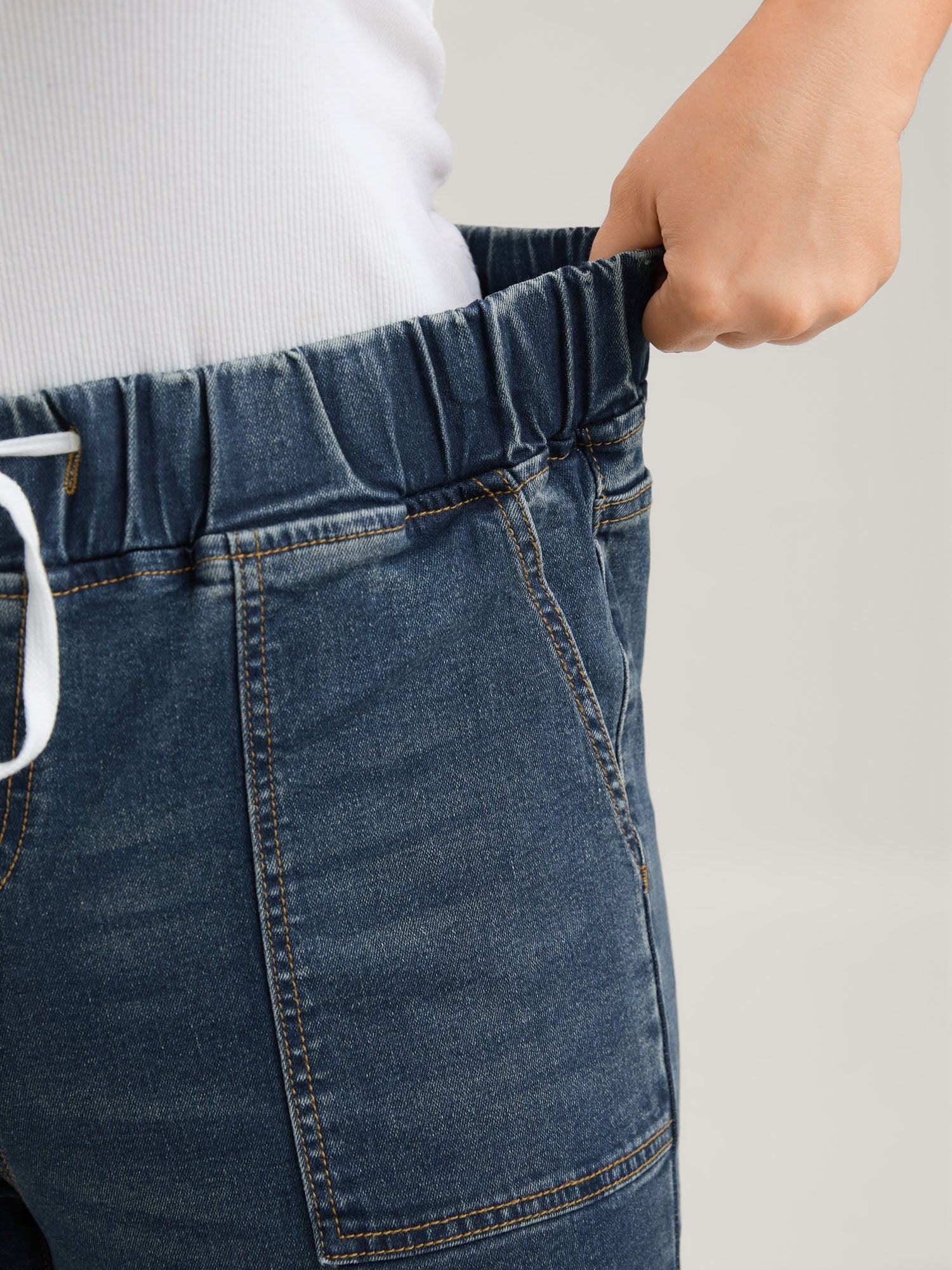 Pull-On Drawstring Folded Hem Boyfriend Jeans
